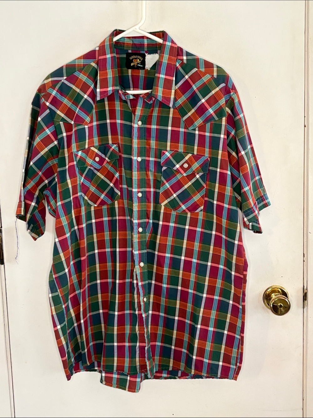 Vintage Saddle King red green plaid short sleeve button down western shirt Sz XL
